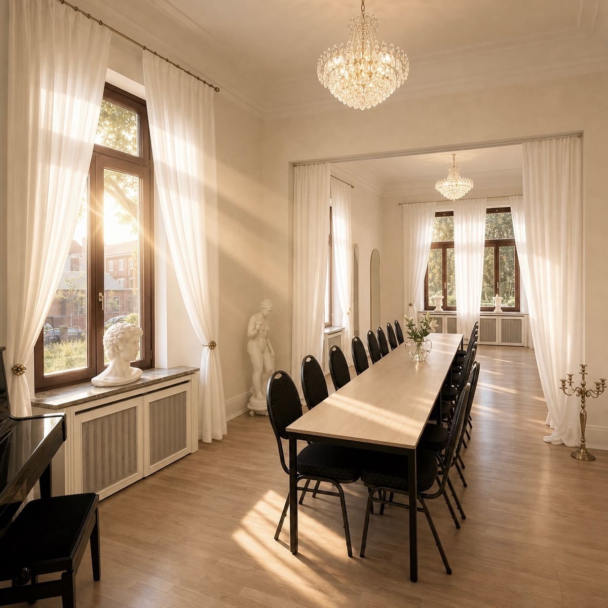 LIVA-Eventraum mit langer weißer Tafel, Kronleuchtern und Sonnenlicht durch hohe Fenster